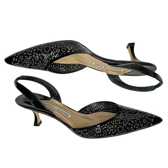 Manolo Blahnik Carolyne Laser Cut Heels Black Slingback Leather Heel Pumps EU 39 - Picture 6 of 12